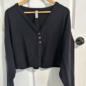 ALO Women Micro Waffle Pleasant Cropped Henley - Size Small Navy
